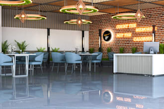 optimize restaurant interior, cafe rendering,retail store, bar,food court design