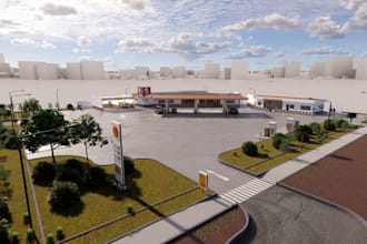 3d exterior filling station design, petrol station model and render
