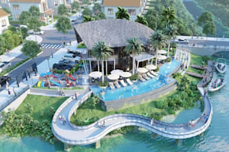 boost 3d condominium exterior, real estate building, resort park, bird rendering