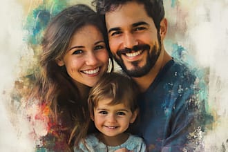 paint a family portrait into a digital watercolor painting with oil painting