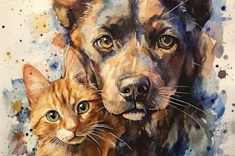 paint a watercolor painting portrait of your pets, dogs,