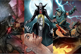 80s, 90s horror comic art, manga covers, and cinematic movie posters