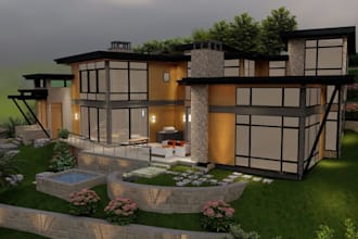 renovate villa woods build,roof plan,turret, exterior car park, vacation house
