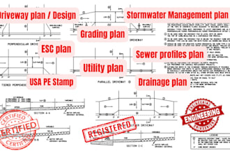 design driveway plan , utility , stormwater ,sewer profiles , grading , esc plan
