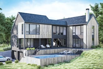optimize 3d contemporary multi story house, wooden exterior design,deck area,skp