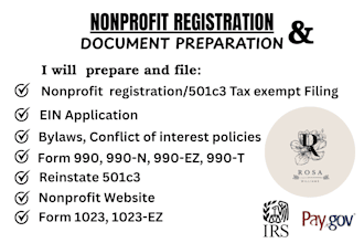 do non profit registration, get ein, 501c3 tax exempt status, draft bylaws, coi