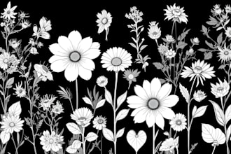 draw botanical illustration line art of plants, flowers