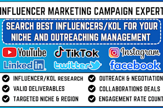 be your influencer manager research, find kol and  outreach marketing campaign