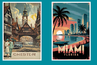 create retro vintage travel poster art deco postcard realistic travel poster