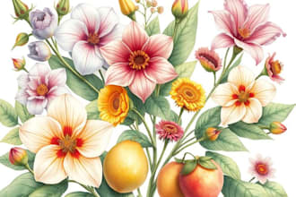 do beautiful digital botanical illustrations of flowers, fruits, and plants