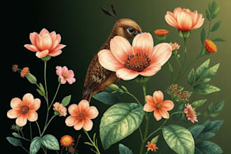 draw digital botanical illustrations of florals, plants, animals