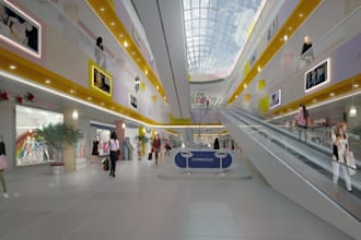 design 3d shopping mall environment, render airport interior, retail store model