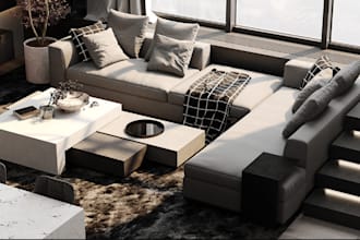 refurbish 3d sitting room, floor plan, furniture cgi, photorealistic rendering