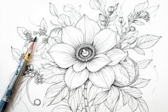 raw botanical line art illustration flower, plant, fruits