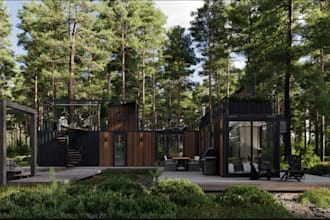 model your village home, ecovillage tourism destination, farm house, cgi render