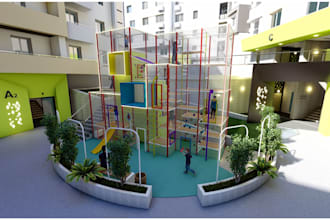 visualize cgi 3d amusement park, zoo, play park, children garden 3d rendering