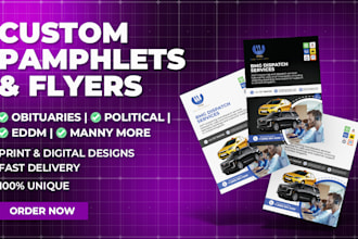 design pamphlets, and digital flyers including obituary, political, and eddm