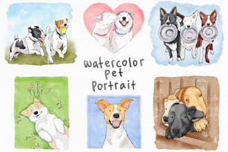draw cute watercolor portrait for your dog, cat or any pet