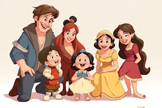 draw disney style cartoon portrait, couple, pet, family for gift