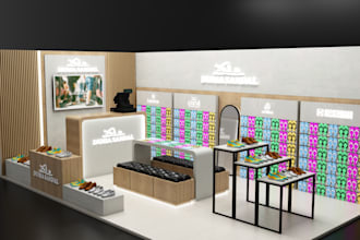 design a professional 3d exhibition booth with realistic rendering