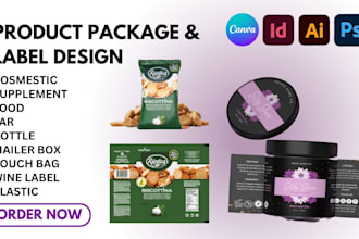 design cosmetic label, supplement, food mailer box packaging, wine bottle label