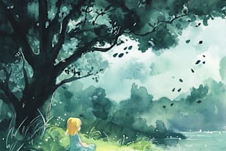 do watercolor illustration for children book, landscape, website