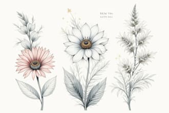 draw botanical illustration line art of plants, flowers