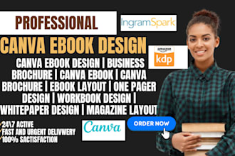 canva ebook design, one pager, brochure, magazine, workbook whitepaper design