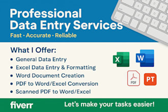 be virtual assistant for data entry, typing, file conversion, PDF to word, excel