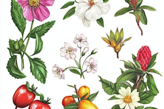 draw botanical illustrations of flowers, plants, fruits