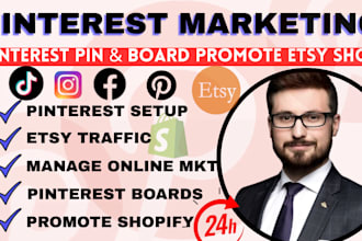 setup pinterest pin, board and SEO, manage social media marketing etsy promotion