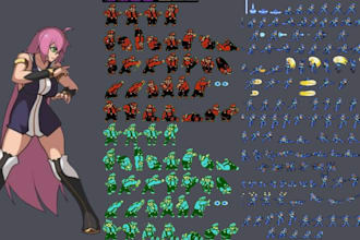 do pixel art character, animation, tileset, game art assets, rpg maker, tile map