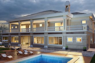classic exterior design with terrace, landscape, lighting, parking space, render