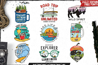design retro outdoor logo set, camping adventure badge