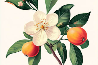 create botanical illustration of flowers, plants, and fruits