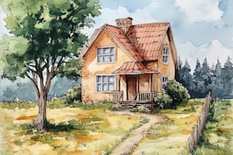 watercolor painting or pencil sketch house and landscape