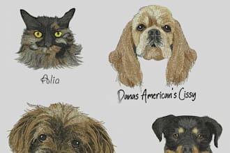 do embroidery digitizing your dog, pet, horse and cat asap