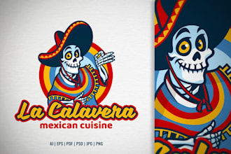 create skull mexican food chef cartoon restaurant logo