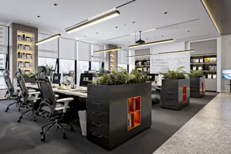 design 3d office space, modern interior layout, master room, cgi floor rendering