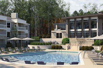 renovate commercial space area, photorealistic exterior design, cgi rendering