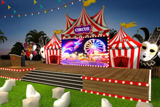 design 3d carnival grounds, pop up stores, marquee tents, and event stages