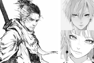 draw black and white manga and anime art, character illustration, object animal