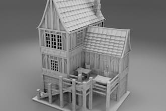 design 3d terrain, medieval scenery,tower,trpg set,mini hut, wooden house,castle