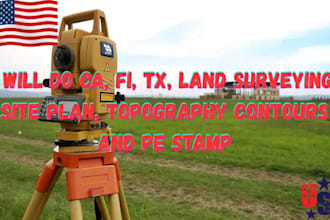 do ca, fi, tx, land surveying, site plan, topography contours and pe stamp