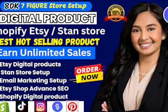 set up 7 figure 80k shopify digital product, stan store digital store, esty shop
