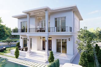 render 3d minimalist villa, front back elevation, castle renovation, white house