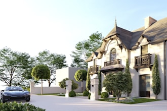 do realistic villa, garden, patios, resort, lounge, rendering and modelling