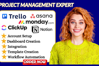 setup monday com board, workflow automation notion template clickup asana trello