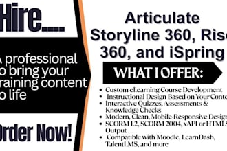 design interactive elearning course on moodle, tutor lms, ispring, rise 360