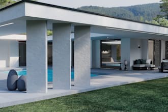 3d visual for exterior, landscaping design, balconies, lobby, patios, BBQ, pool